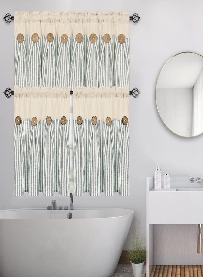 BLEUM CADE Cotton Linen Farmhouse Kitchen Curtains 24 Inch Boho Rustic Button Tier Curtains Natural/Sage Green Stripe Color Block Curtain Rod Pocket Small Window Curtain for Cafe Bathroom Bedroom Drapes - Image 2